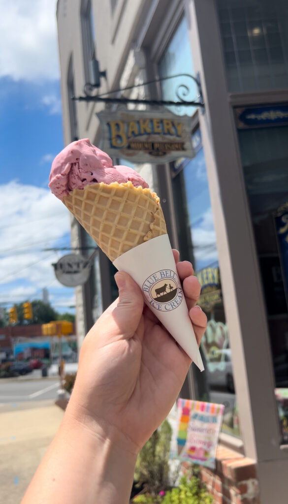 hand holding waffle cone with strawberry ice cream
